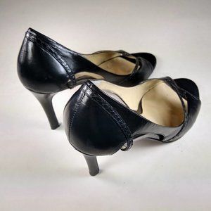 Black Leather Open Toe High Heel Pumps